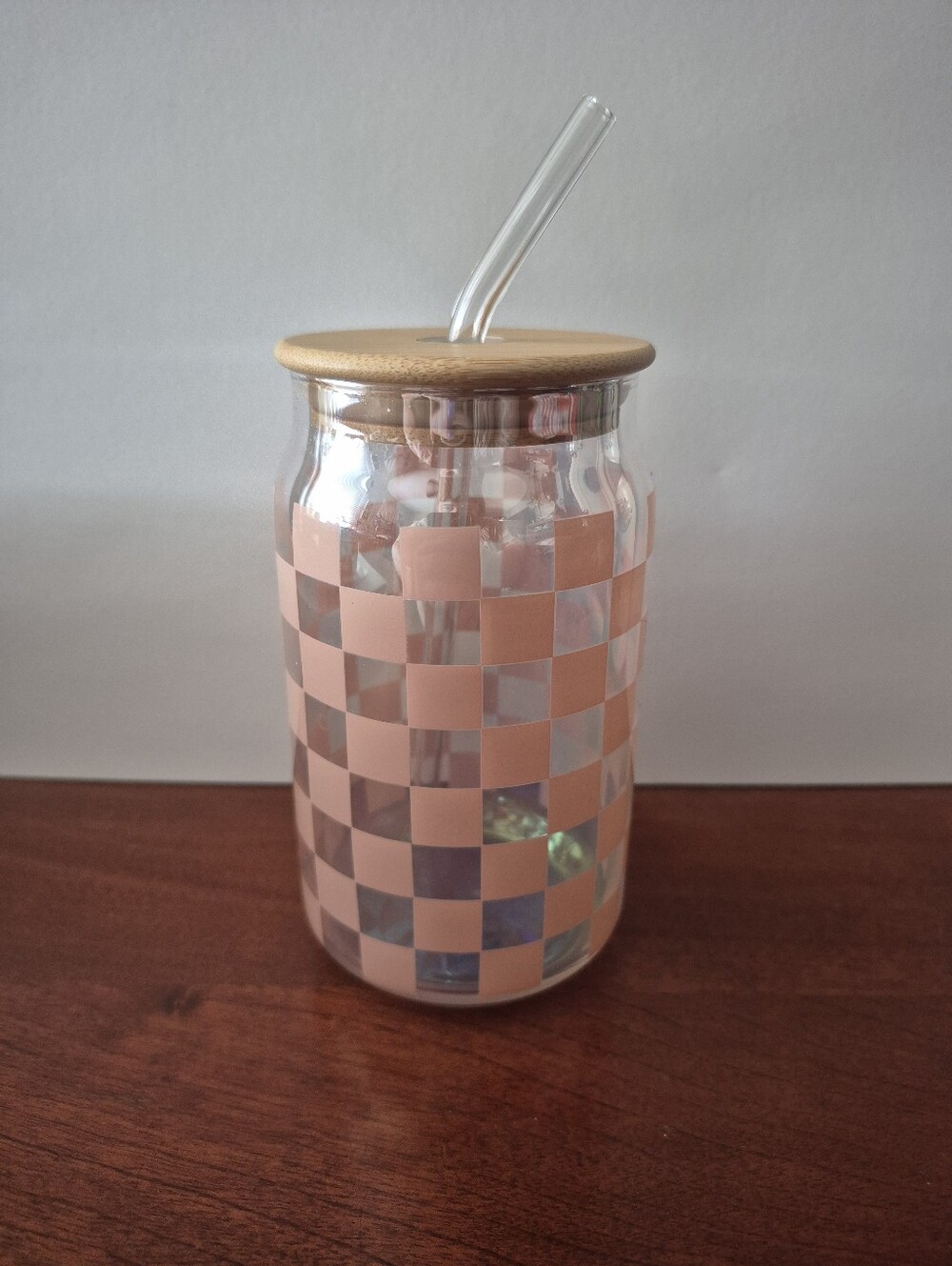 Glass Checkered Tumbler with Bamboo Lid & Straw - Light Pink